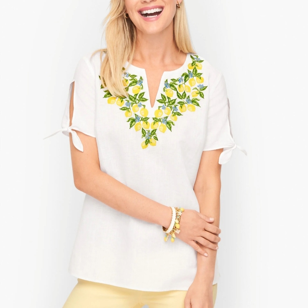 Talbots Linen Tie Detail Embroidered Top Size MP